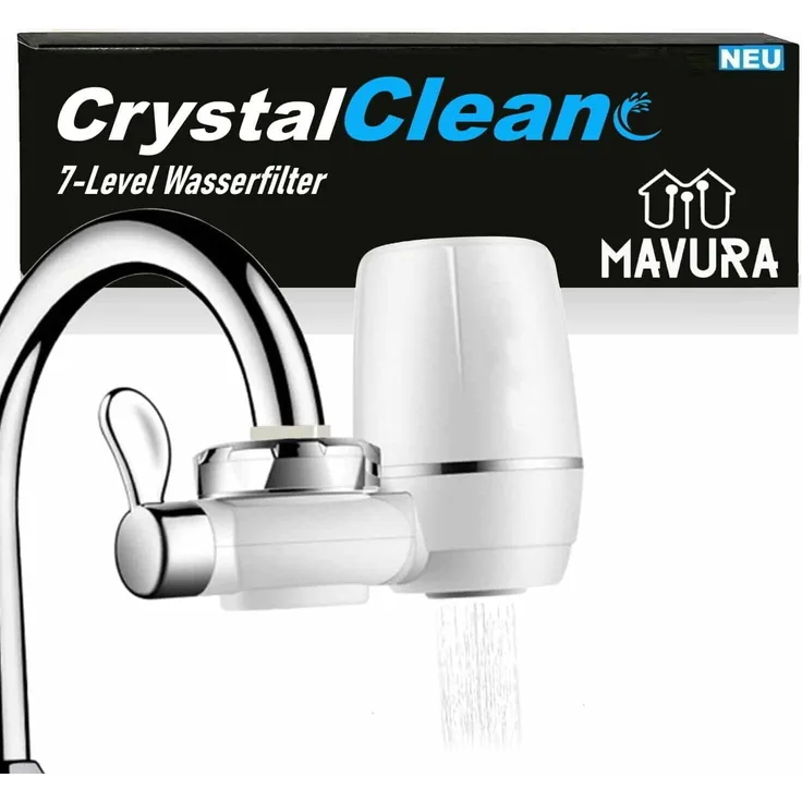 MAVURA CrystalClean Wasserhahnfilter Wasserfilter Wasserreiniger Leitungswasserfilter, Weiß, 7-Filter System, Enthärtung und Kalkreduktion