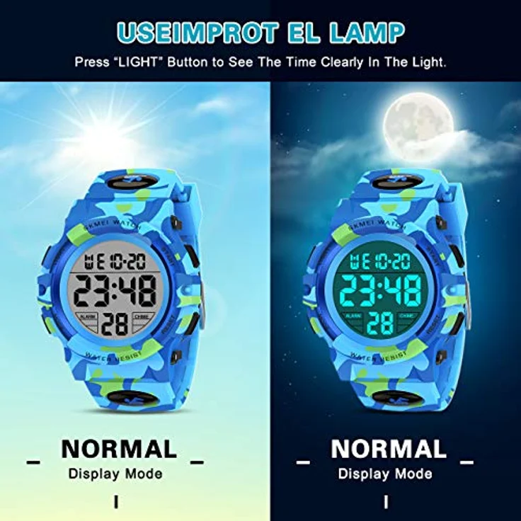 Dislocati Kinderuhr Digitaluhr für Jungen 6-15 Jahre, wasserdicht mit LED-Hintergrundbeleuchtung, Wecker und Stoppuhr, Geschenk für Weihnachten – Bild 5
