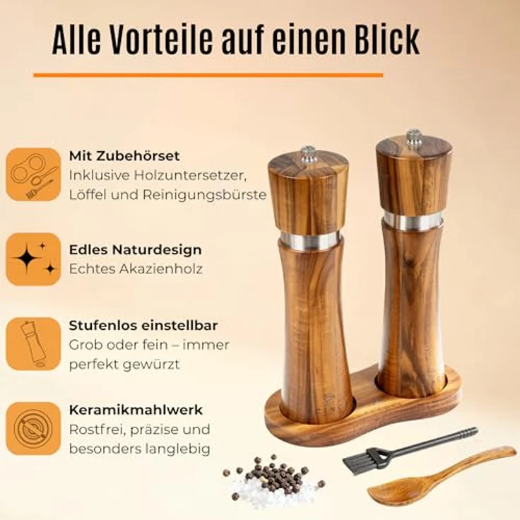 ECENCE Salz-/Pfeffermühle Holz 2er Set aus Akazienholz, Gewürzmühle mit Keramikmahlwerk und Untersetzer – Bild 5