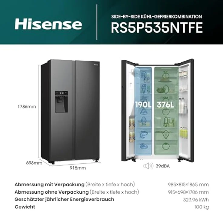 Hisense RS5P535NTFE Side-By-Side Kühl-Gefrier-Kombination, 376 Liter Kühlteil, 190 Liter Gefrierteil, Wasser-/Eisspender, Total NoFrost, Multi AirFlow, FastFreeze, schwarz – Bild 2