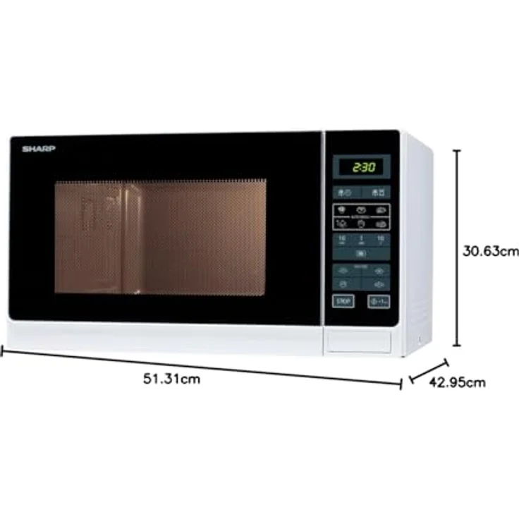 Sharp R342WW Mikrowelle, Standgerät, 25 Liter Garraum, 900 Watt, LED-Display, 8 Automatikprogramme, Timer, Gewichtgesteuertes Auftauen, Kindersicherung, Energiesparmodus, Glasdrehteller 31,5 cm, Weiß – Bild 5