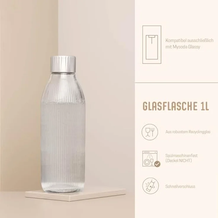 Mysoda Glassy Wassersprudler aus Holzkomposit und Aluminium (ohne CO2-Zylinder) mit 1-Liter-Glasflasche & BPA-freier 1-Liter-Plastikflasche - Latte – Bild 3