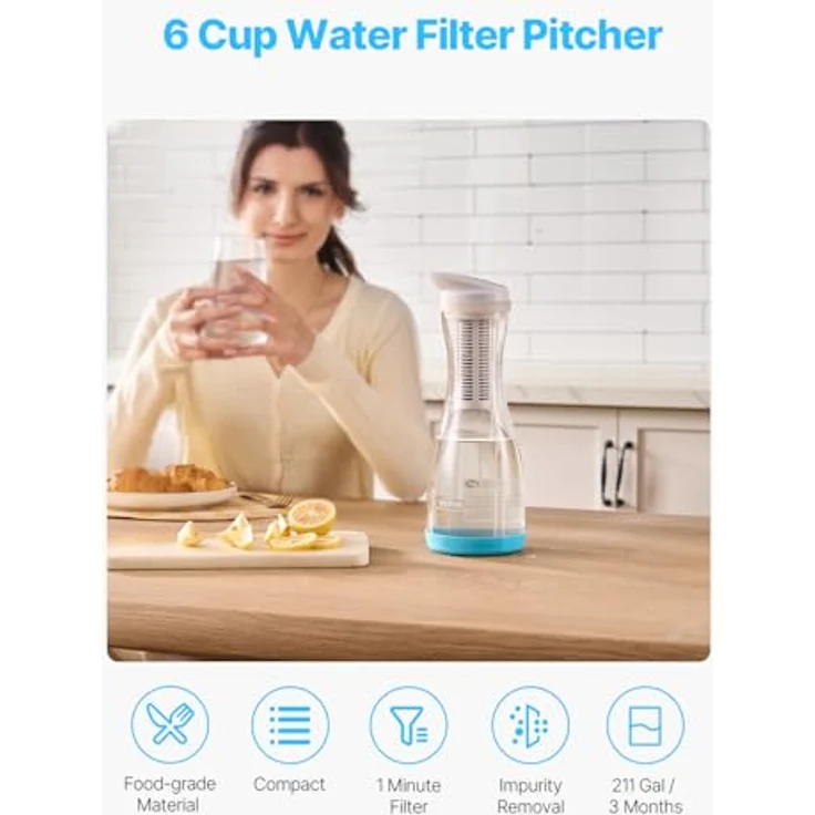 VEVOR Wasserfilter Kanne, Glas Wasserfilterkrug, kühlschrankfreundlich, BPA-frei, reduziert Chlor, Rost, Gerüche, 6 Tassen, 3 Monate Nutzung, 800 L Filterkapazität – Bild 2