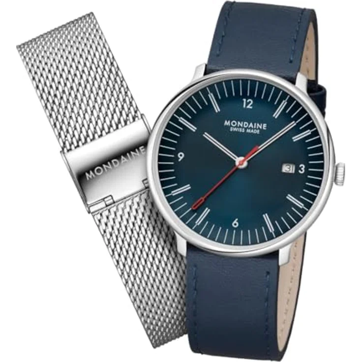 Mondaine Doppio Uhr 41mm Set, Blaues Zifferblatt, Doppelt Gewölbtes Saphirglas, Schweizer Quarzwerk, Wahres Apfellederarmband, Recycelter Edelstahl – Swiss Made – Bild 1
