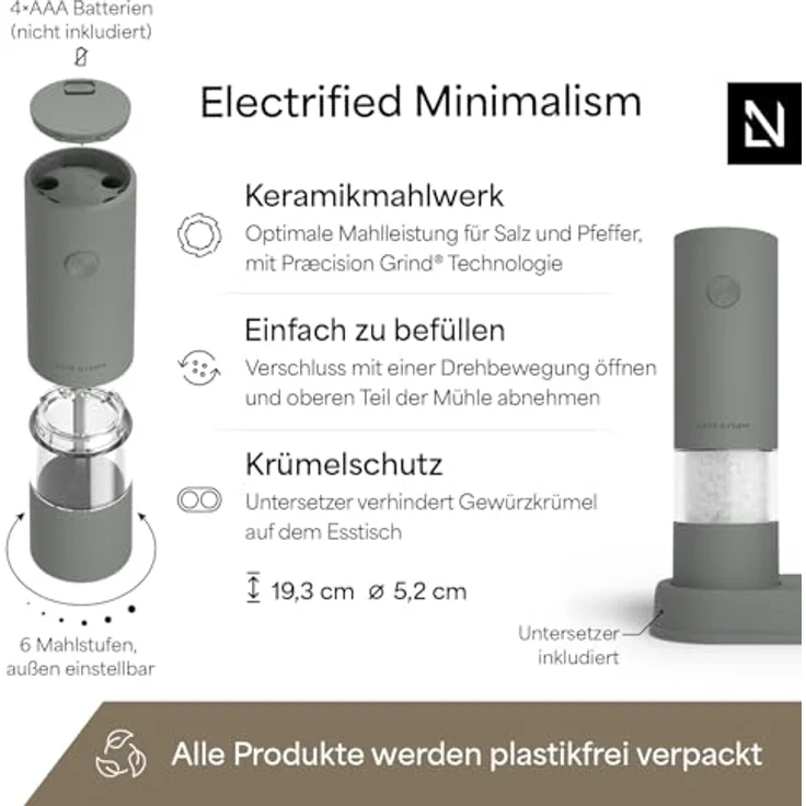 LARS NYSØM Gewürzmühle Kryd, elektrisches Salz- und Pfeffermühlen Set mit stufenlosem Keramikmahlwerk, 2 Stück – Bild 4