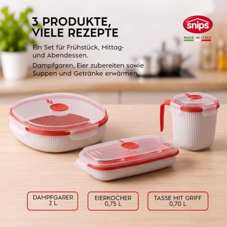Snips Microwave Frischhaltedosen Set 3, Dampfgarer 2L, Eierkocher und Suppentasse, Made in Italy, spülmaschinengeeignet – Bild 2