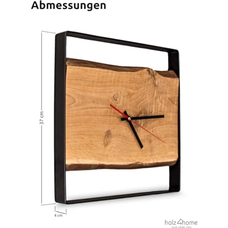 holz4home® Wanduhr Eichenholz mit Stahlrahmen, eckige Designuhr analog, 37x37 cm, leises Quarzwerk, perfekt für Wohnzimmer und Büro im modernen Loft Stil – Bild 3