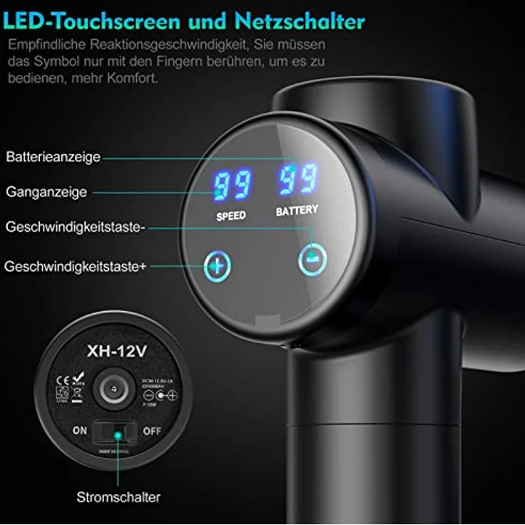 BURNNOVE Massagepistole Massage Gun für Nacken Schulter Tiefen Massagegerät mit 99 Geschwindigkeiten 8 Massageköpfen Elektrisches Handmassagegerät 2550 mAh LED Anzeige Touchscreen, Schwarz – Bild 2