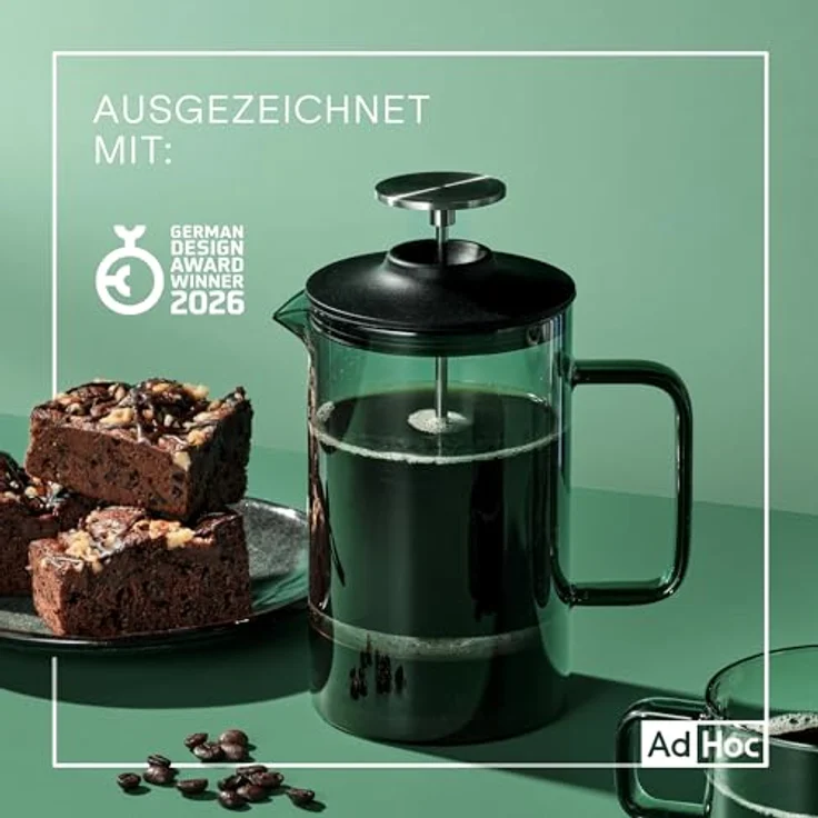 AdHoc French Press Kanne, 0,6l Kaffeekanne aus mundgeblasenem Borosilikatglas mit Edelstahlfilter und SilentSeal-Silikondeckel, grau – Bild 5
