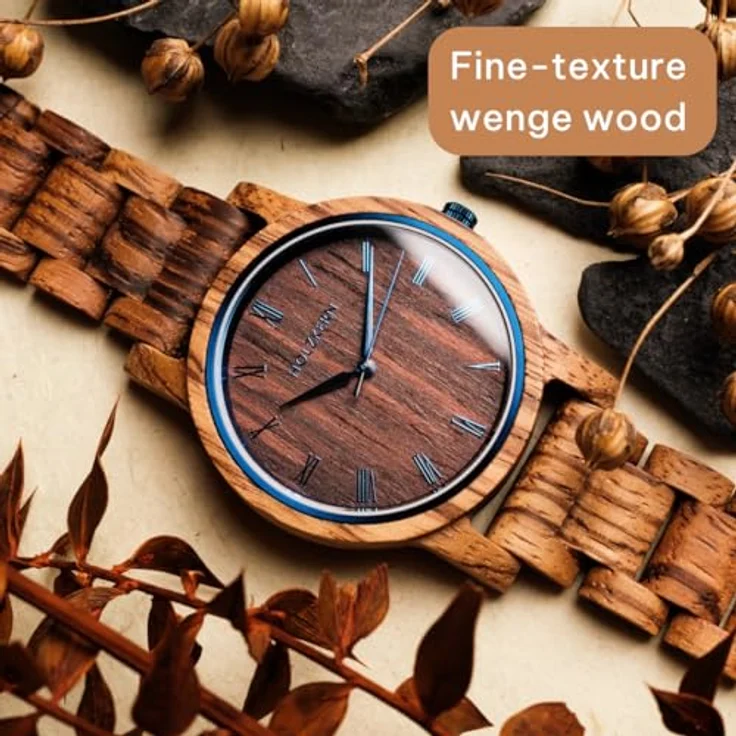 Holzkern Quarzuhr Herbstmorgen, Unisex Armbanduhr aus Zebrano/Wenge mit japanischem Quarzwerk und blauem Zifferblatt – Bild 4