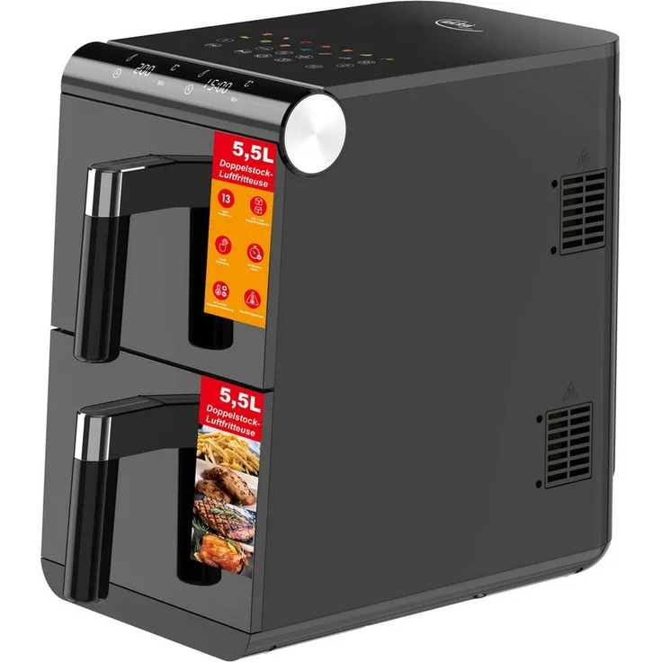 Elta Heißluftfritteuse Vertikal Doppelstock, 1700 W, 11 L Dual Zone XXL mit 2 unabhängigen Fächern und Touchscreen