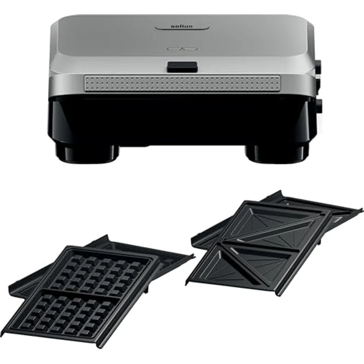Braun SnackMaker 5 SM5005, Toaster mit Sandwichplatten und Waffeln, Waffelhersteller mit Druckgussplatten, abnehmbaren Platten und Auffangschale für Spülmaschine, 800 W, Silber – Bild 1