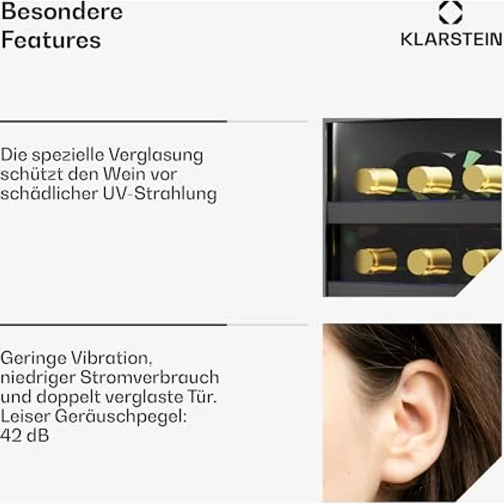 Klarstein Vinovilla 30 Duo Weinkühlschrank 2 Zonen, 32 Flaschen, 5-18 °C, LED-Touch, leise 39 dB, mattschwarz, Einbau – Bild 5