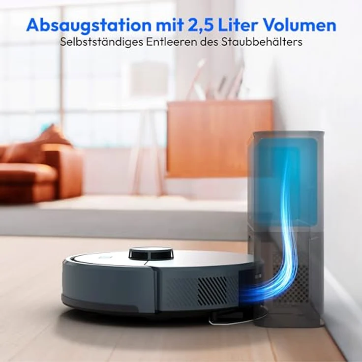 MEDION Saugroboter X22 SW+, 2-in-1 mit Wischfunktion und Absaugstation, starke 5000Pa Saugkraft, Lasernavigation, präzise Kartenerstellung, Go & No Go Bereiche, mehrere Etagen, blau – Bild 2