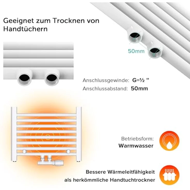 doporro Design Badheizung gerade 100x60cm Weiß Röhrenheizkörper Horizontal 2in1 Mittelanschluss oder Seitenanschluss – Bild 5