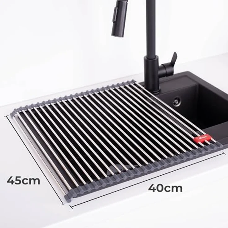 Vileda Abtropfgitter Spüle 45x40cm aus Edelstahl & TPE - Rollbar, 24 Stangen - Ideal für Geschirr - Faltbar, silber – Bild 2