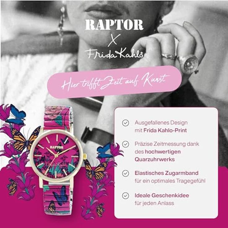 Raptor Damenarmbanduhr FRIDA KAHLO Edition mit Zugband, Quarzuhrwerk, flexibles Edelstahlarmband, gehärtetes Mineralglas, 36 mm, bunt – Bild 2