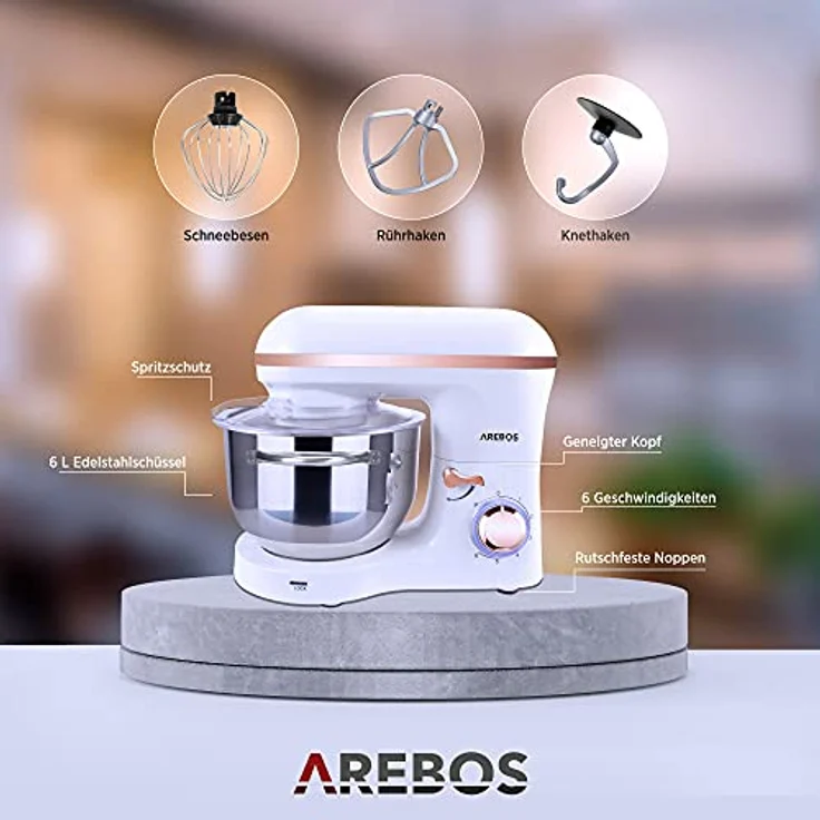 Arebos Küchenmaschine mit Planetenrührsystem, 1500W, 6L Edelstahl-Rührschüssel, 6 Geschwindigkeiten, geräuschlos, weiß – Bild 6