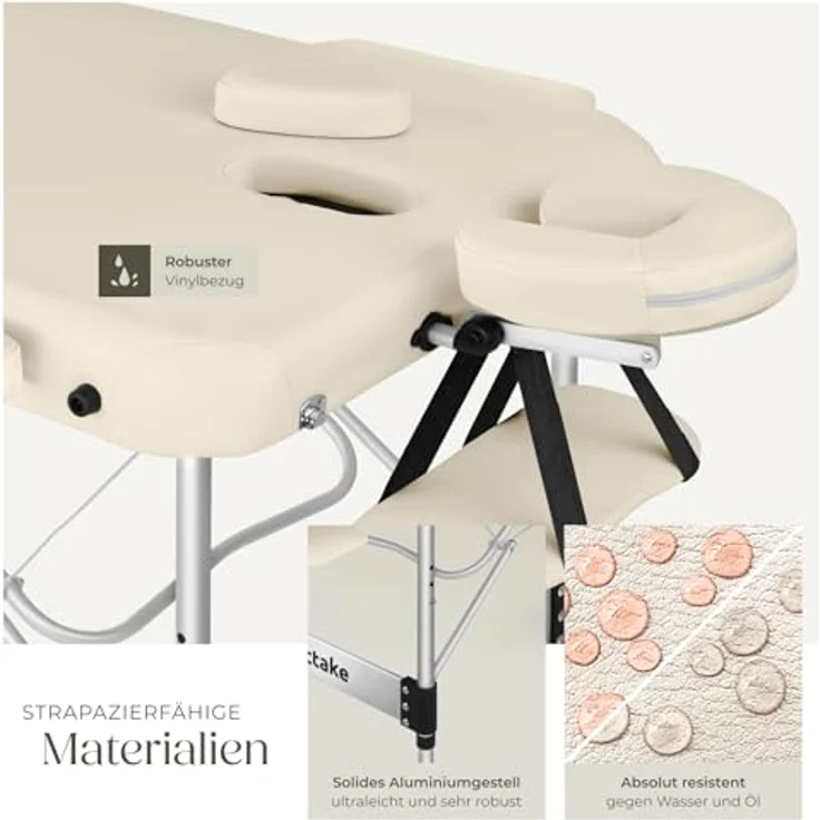 tectake Massageliege Phuket, 3-Zonen, höhenverstellbar, klappbar, Beige, Metall, 103x90x212 cm, inklusive 15 Einweg-Nasenschlitztüchern – Bild 8
