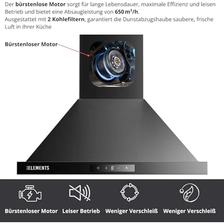 KB ELEMENTS Dunstabzugshaube Unterbau 60 cm, Touch- und Gestensteuerung, 650 m³/h, Doppelter Motor, Abluft/Umluft, mit Glasfront und LED-Beleuchtung – Bild 5
