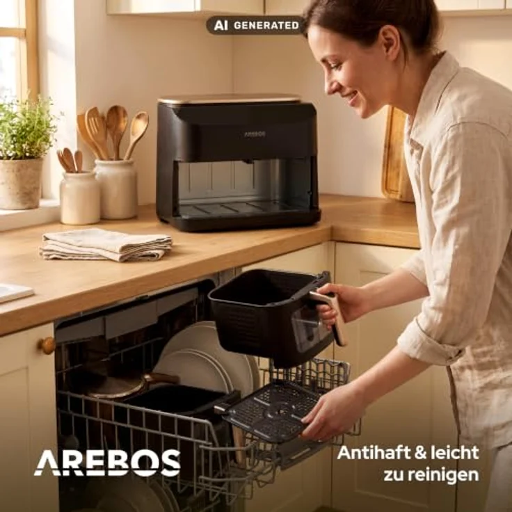 Arebos Heißluftfritteuse AR-HE-DPH10, 2450 W, 10 L, 2 Garzonen mit SYNC- & MATCH-Funktion, 2 Sichtfenster, Schwarz/Roségold – Bild 8