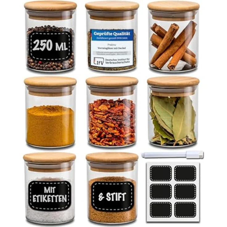 Niboline Gewürzbehälter 8er Set 250ml mit Etiketten und Stift - Luftdicht - Spülmaschinenfest - Transparent - Gewürzgläser für Gewürze und Kräuter – Bild 2