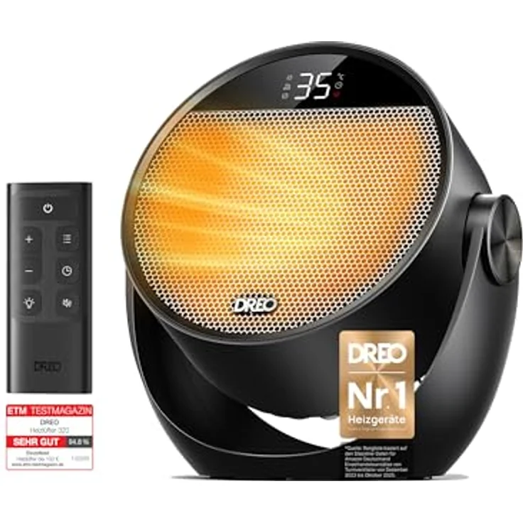 Dreo Heizlüfter, Tragbarer 1500W Heizlüfter mit Fernbedienung, 60° Neigbar, Thermostat, 3 Heizmodi, 8 Sicherheitsfunktionen, Schwarz – Bild 1