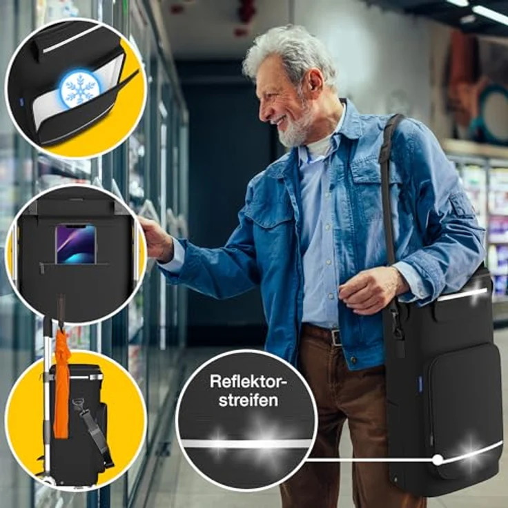 maxVitalis Einkaufstrolley Treppensteiger mit Kühlfach, Einkaufsroller klappbar, Shopping Trolley höhenverstellbar, Reflektoren, abnehmbare Tasche, 43 L, Hackenporsche (Treppensteiger-Trolley) – Bild 5