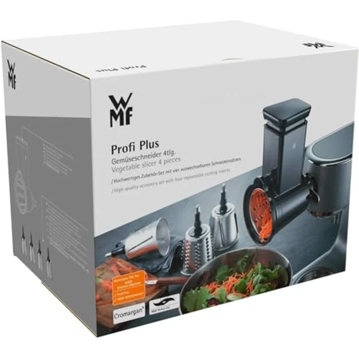 WMF Profi Plus Gemüseschneider 4-teilig, Cromargan Edelstahl, 4 Schneideinsätze für Gemüse, Obst, Käse, für und Küchenminis Küchenmaschine – Bild 11