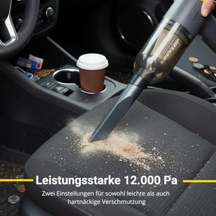 Dunlop Akku Handstaubsauger, Kabellos 36W mit 12000Pa Saugleistung, 5 Aufsätzen und Blasfunktion – USB-C wiederaufladbar, Grau/Gelb – Bild 3