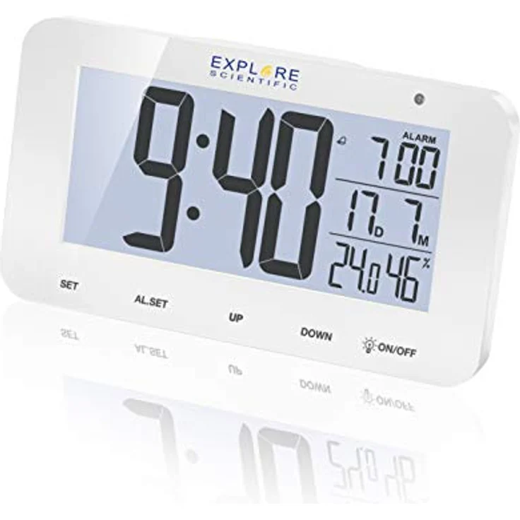 Explore Scientific RDC1004 Tischuhr mit LED-Hintergrundbeleuchtung, weiß, Alarm und Snooze, Innentemperatur- und Luftfeuchtigkeitsanzeige – Bild 1