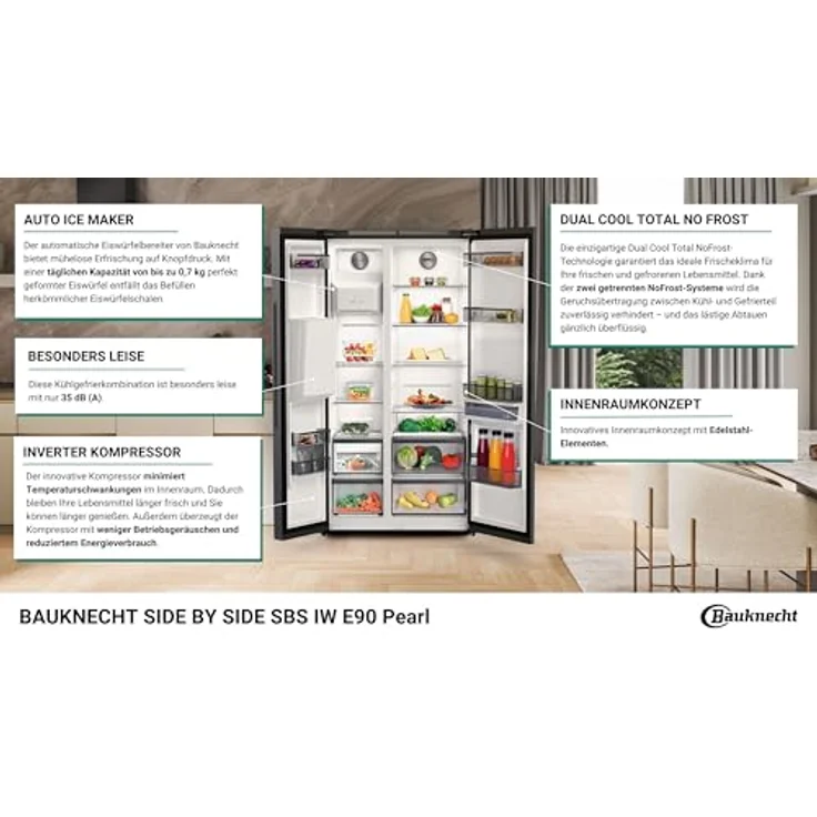 Bauknecht SBS IW E90 Pearl, Kühl-Gefrier-Kombination mit 375 l Kühlvolumen, No Frost-Funktion, Eiswürfelbereiter und Wasserspender – Bild 5