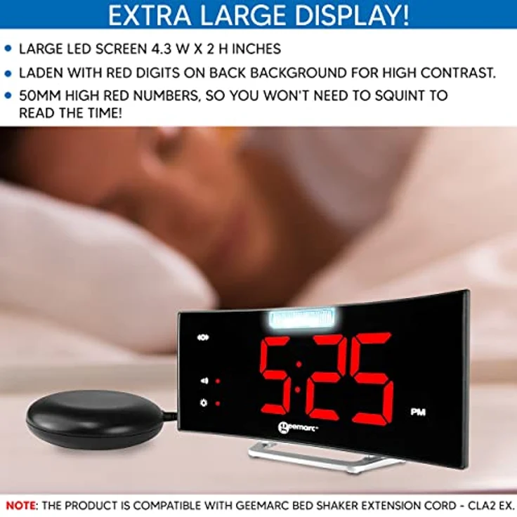 Wecker mit starkem 95dB Alarm, Vibrationskissen, großem Display und Blitzlicht - Die Geemarc Wake 'N' Shake Curve Wird Sie aus dem Tiefschlaf wecken - USB-Ladeanschluss - Version DE – Bild 5