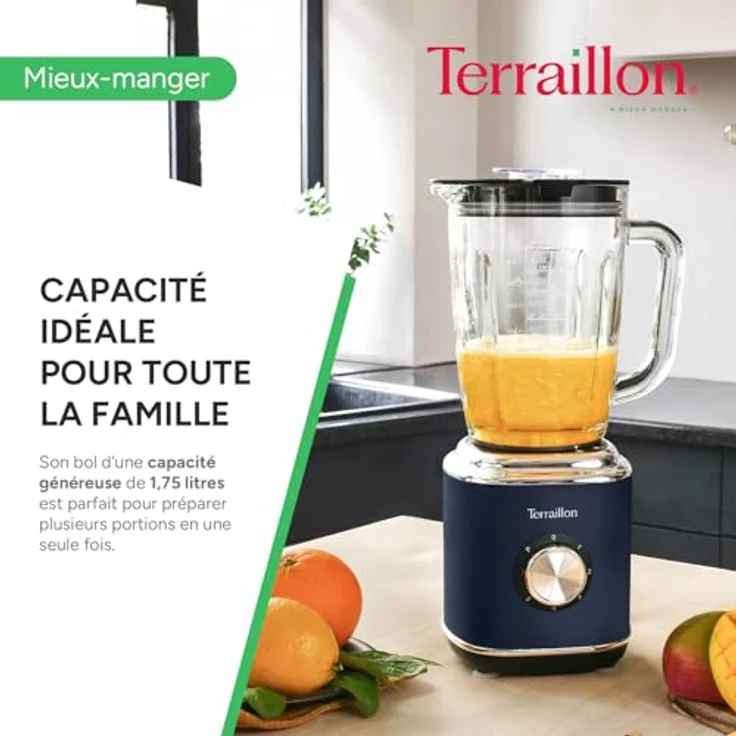 Terraillon New Moon, Elektrischer Standmixer mit 1,75 l Glas-Schüssel, 600 W, 5 Geschwindigkeiten, Pulsfunktion, Edelstahlklingen, Überlaufschutz – Bild 4