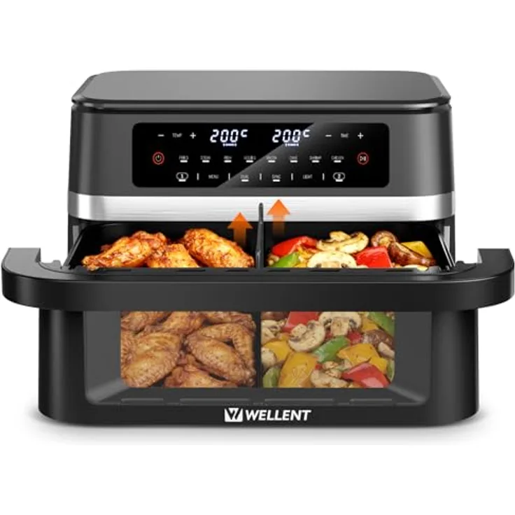 WELLENT 12L Dual Zone Airfryer XXL - 2950W Heißluftfritteuse mit 2 Kammern (6+6L), Sichtfenster, Match & Sync-Funktion, spülmaschinenfest