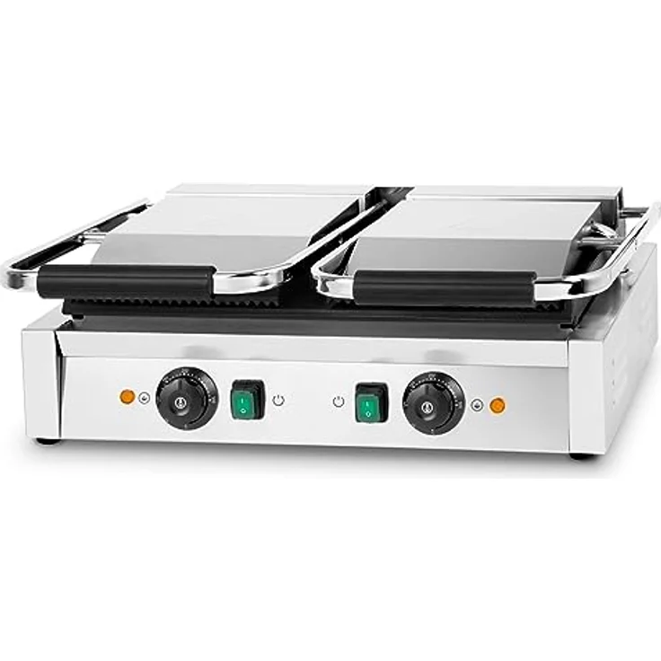 VERTES Kontaktgrill doppelt, Gusseisen Grillplatte oben gerillt/unten flach, 3600 W Gastro Multigrill für Fladenbrot, Fleisch, Gemüse, Sandwich, Edelstahlgehäuse, regelbar 0-300°C, teflonbeschichtet – Bild 2