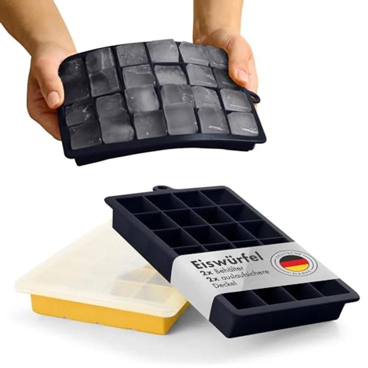 Blumtal Eiswürfelformen Silikon 2x24er, BPA-freier Ice Cube Maker mit Deckel, Eiswürfel 2,6 cm, 2 x Formen in Black Blue und Spicy Mustard – Bild 1