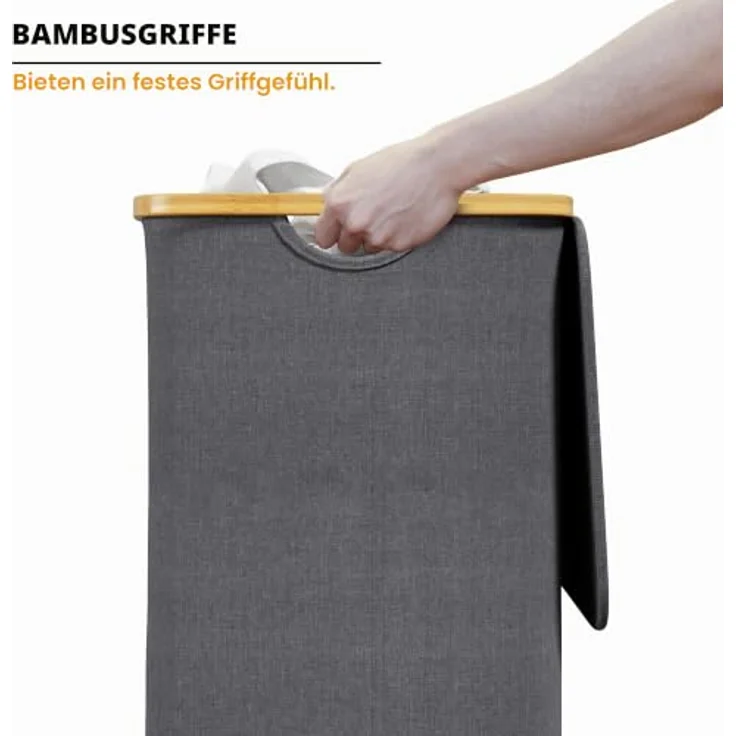SpaceAid Wäschekorb mit Deckel 110L, Faltbar mit Bambusgriffen für Schlafzimmer, Badezimmer und Schlafsaal - Grau – Bild 4