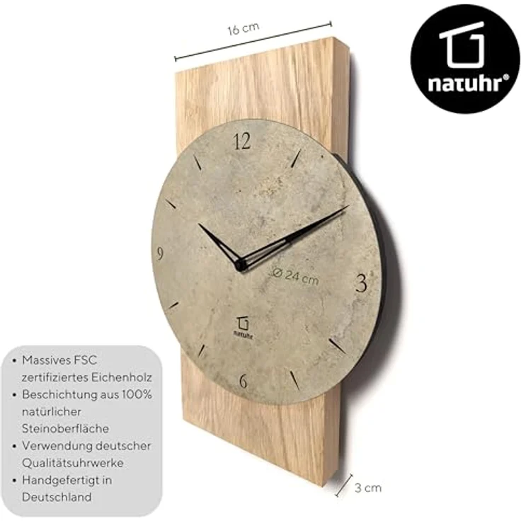 Natuhr Schiefer Wanduhr Zugspitze, Holz Eiche unbehandelt, heller Schiefer, Funk-Uhrwerk, Made in Germany – Bild 3