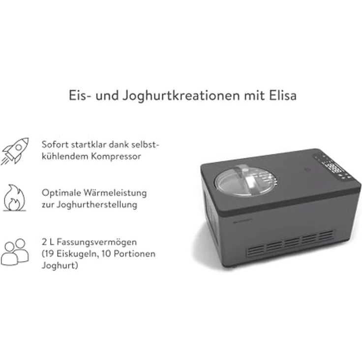 Springlane Kitchen Eismaschine & Joghurtbereiter Elisa 2,0 L mit selbstkühlendem Kompressor 220 W, aus Edelstahl mit Kühl- und Heizfunktion, inkl. Rezeptheft (Elisa Anthrazit) – Bild 2
