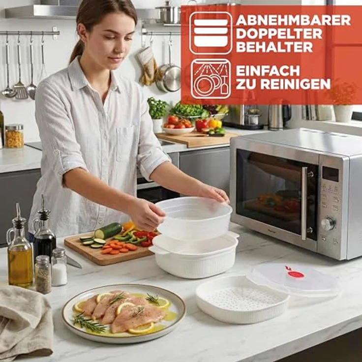 Snips Dampfgarer für Mikrowelle Weiß, 4L, Spülmaschinenfester Mikrowellenbehälter mit 2 Tabletts, schnelle Zubereitung, 26.5x22x13.5 cm, Made in Italy – Bild 2