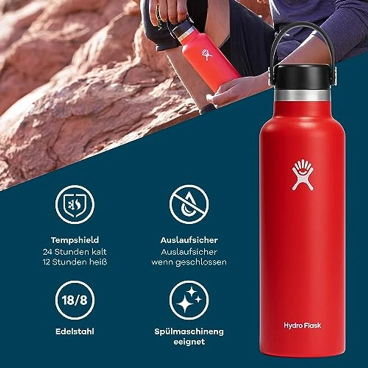 HYDRO FLASK - Trinkflasche 621ml (21oz) - Isolierte Wasserflasche aus Edelstahl - Sportflasche mit auslaufsicherem Flex Deckel & Gurt - Thermoflasche Spülmaschinenfest - Kleine Öffnung - Lupine – Bild 2