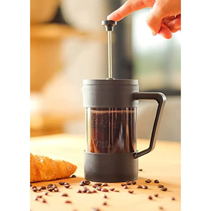 Milu French Press Kaffeebereiter | 350ml, Glas Kaffeepresse, Kaffeezubereiter für Zuhause Reisen Camping inkl. Untersetzer, Löffel, Ersatzfilter (Schwarz, 350ml (2 Tassen) – Bild 3