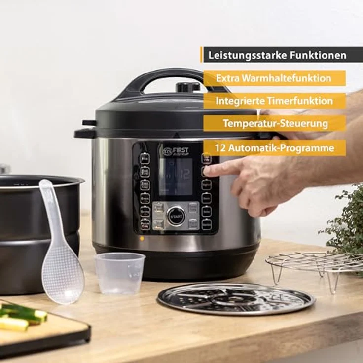 TZS FIRST AUSTRIA Multikocher Druckkochtopf elektrisch 6L, 12 Automatik-Programme, 1000 W, Dampfgarer mit Warmhaltefunktion, silber/schwarz – Bild 6
