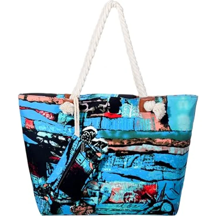 DonDon Strandtasche XXL mit Reißverschluss, praktische Shopper Tasche Damen, Badetasche für Strand und Meer mit praktischer Mini Tasche im Abstract Art Design – Bild 1