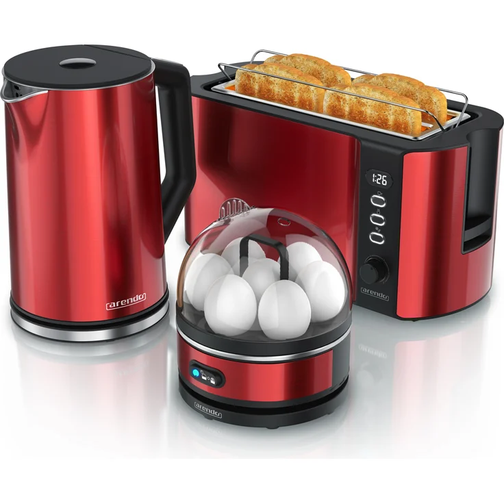 Arendo Frühstücks-Set Edelstahl, Wasserkocher 1,5 l mit Temperatureinstellung, Eierkocher für 7 Eier, 4-Scheiben Langschlitztoaster mit Brötchenaufsatz, rot