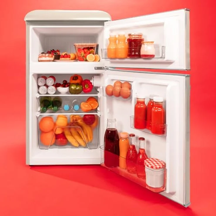 Cecotec Bolero CoolMarket 2D Origin 86, 2-türiger Retro Minikühlschrank mit 86L, Energieklasse E, Eisfach, Innenbeleuchtung, Chromgriff, Beige – Bild 5