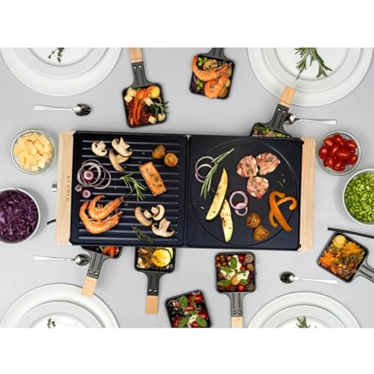 KLAMER Raclette 8 Personen, 1500W Raclette Grill mit Holzgestell, Raclette mit antihaftbeschichteter Grillplatte, 1500 – Bild 4