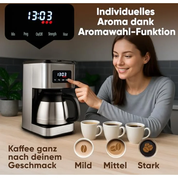 ProfiCook® PC KA 1300, Kaffeemaschine mit Edelstahlgehäuse, für bis zu 10 Tassen, Aromawahl in 3 Stufen, Tropfstopp, Uhrzeit-Anzeige, 900W – Bild 3
