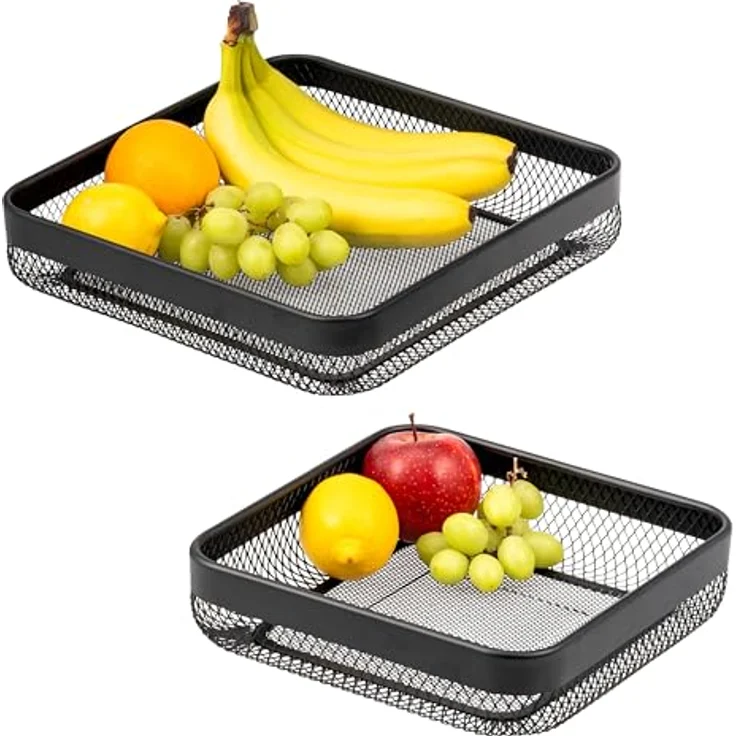 eluno Obstkorb 2er Set, eckige Drahtkörbe aus schwarz pulverbeschichtetem Metall, ideal für Obst, Gemüse und Brot, in zwei Größen (24,5 x 24,5 cm und 30,5 x 30,5 cm) – Bild 1